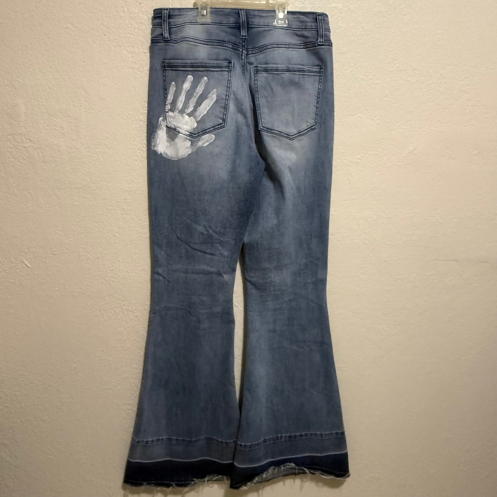 RARE Ramona LaRue by Arianne Flare Jeans Blue Handprint Graphic Raw Hem Size 31